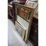 A LARGE OBLONG WALL MIRROR, IN GILT FRAME AND A HELEN BRADLEY COLOUR PRINT (UNSIGNED)