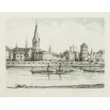 UNATTRIBUTED ARTIST SIGNED ETCHING WITH BLUE WASH 'Dusseldorf', river scene with paddle steamer,