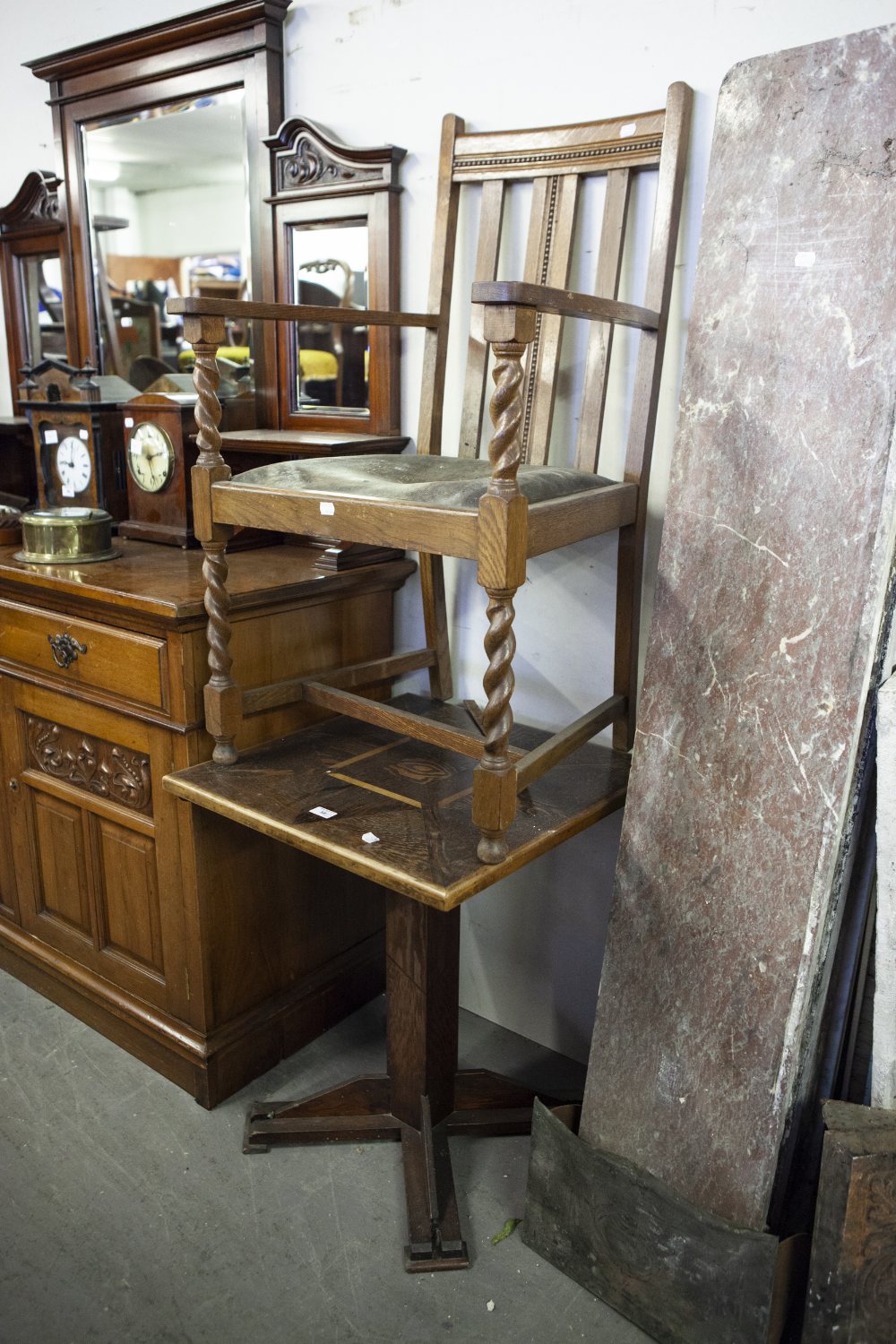 SQUARE OCCASIONAL TABLE WITH PARQUETRY TOP, SQUARE COLUMN, CRUCIFORM BASE AND AN OAK OPEN ARM