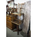 SQUARE OCCASIONAL TABLE WITH PARQUETRY TOP, SQUARE COLUMN, CRUCIFORM BASE AND AN OAK OPEN ARM