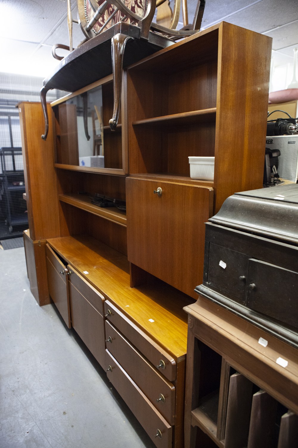 McINTOSH TEAK WALL UNIT WITH THREE DRAWERS AND TWO CUPBOARDS TO BASE AND A DROP-FRONT SECTION AND - Image 2 of 2