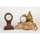 EDWARDIAN LINE INLAID MAHOGANY BALLOON SHAPED MANTLE CLOCK, together with FRENCH GILT METAL