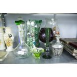 TWO GLASS DECANTERS, OTHER COLOURED GLASS, VASES, BOWLS ETC...