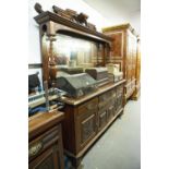 LARGE VICTORIAN CARVED WALNUTWOOD SIDEBOARD, WITH HIGH MIRROR CANOPY BACK, 6' WIDE