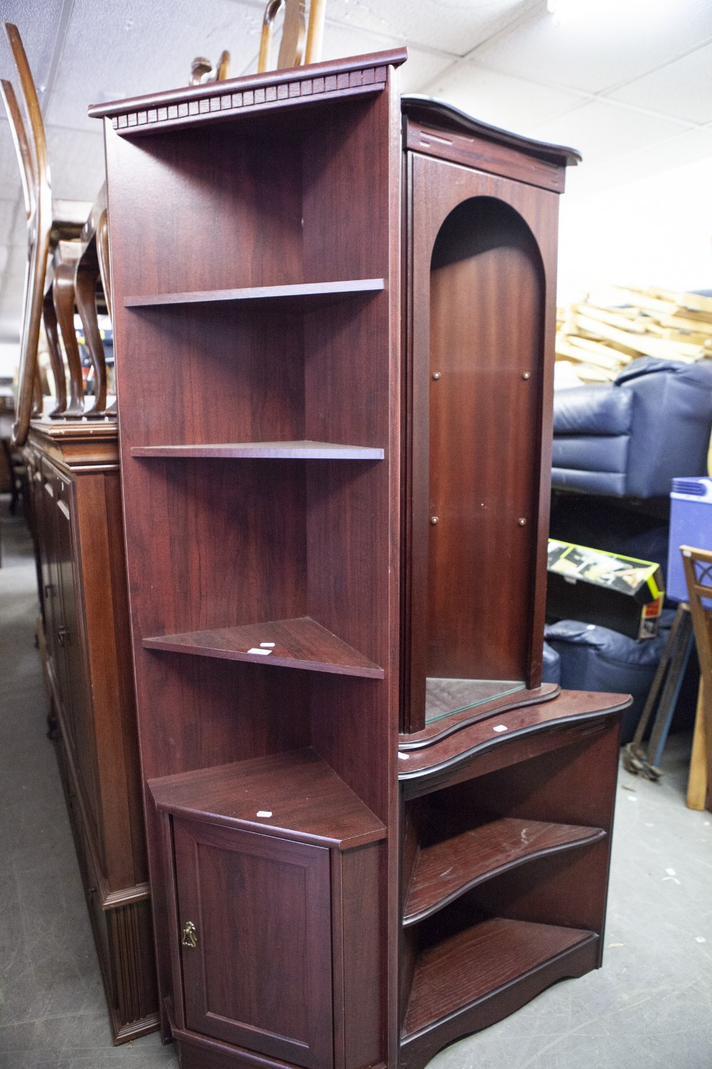 TWO MAHOGANY EFFECT FLOOR STANDING OPEN CORNER UNITS