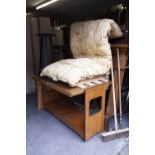 A FUTON BED AND MATTRESS AND A 1970's TEAK TWO TIER WHAT-NOT OPENING TO FORM A TABLE