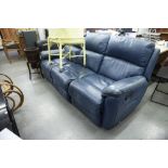 A LOUNGE SUITE OF TWO PIECES COVERED IN DARK BLUE HIDE, VIZ; A THREE SEATER SETTEE AND A TWO