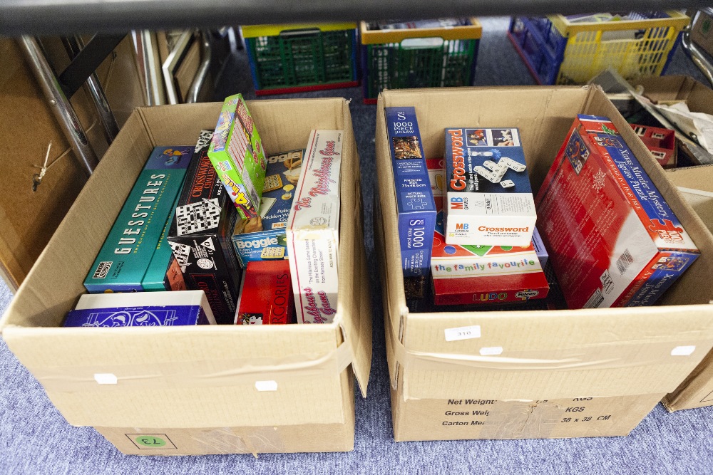 CONTENTS OF TWO BOXES OF GAMES AND JIGSAWS, LUDO, LIN-A-ROW, GUESSTURES ETC....