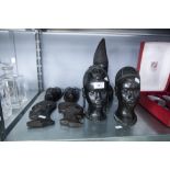 TWO EBONISED AFRICAN CARVED HEADS, MALE AND FEMALE, A BUST OF A LADY AND TWO LADIES HEADS WALL