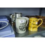 A SMALL COLLECTION OF POTTERY TANKARDS, WADE AND TWO PEWTER EXAMPLES ETC.....