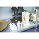 A GOSS WARE 'LIVERPOOL SHELL AND DOG FIGURINE, NEW BRIGHTON TOAST RACK, FIGURINE AND A VASE WITH