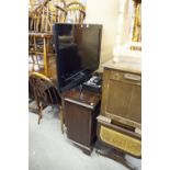 TEHCWOOD FLAT SCREEN COLOUR TELEVISION, 31" ON INLAID MAHOGANY CUPBOARD STAND, WITH DVD PLAYER