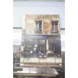 CHUI TAK HAJ COLOUR PRINT RUN DOWN CAFE SHOP FRONT SCENE TABLE AND TWO CHAIRS