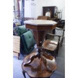 A VICTORIAN WALNUT SEWING/GAMES TABLE, THE CIRCULAR HINGED TOP WITH PARQUETRY INLAID GAMES BOARD,