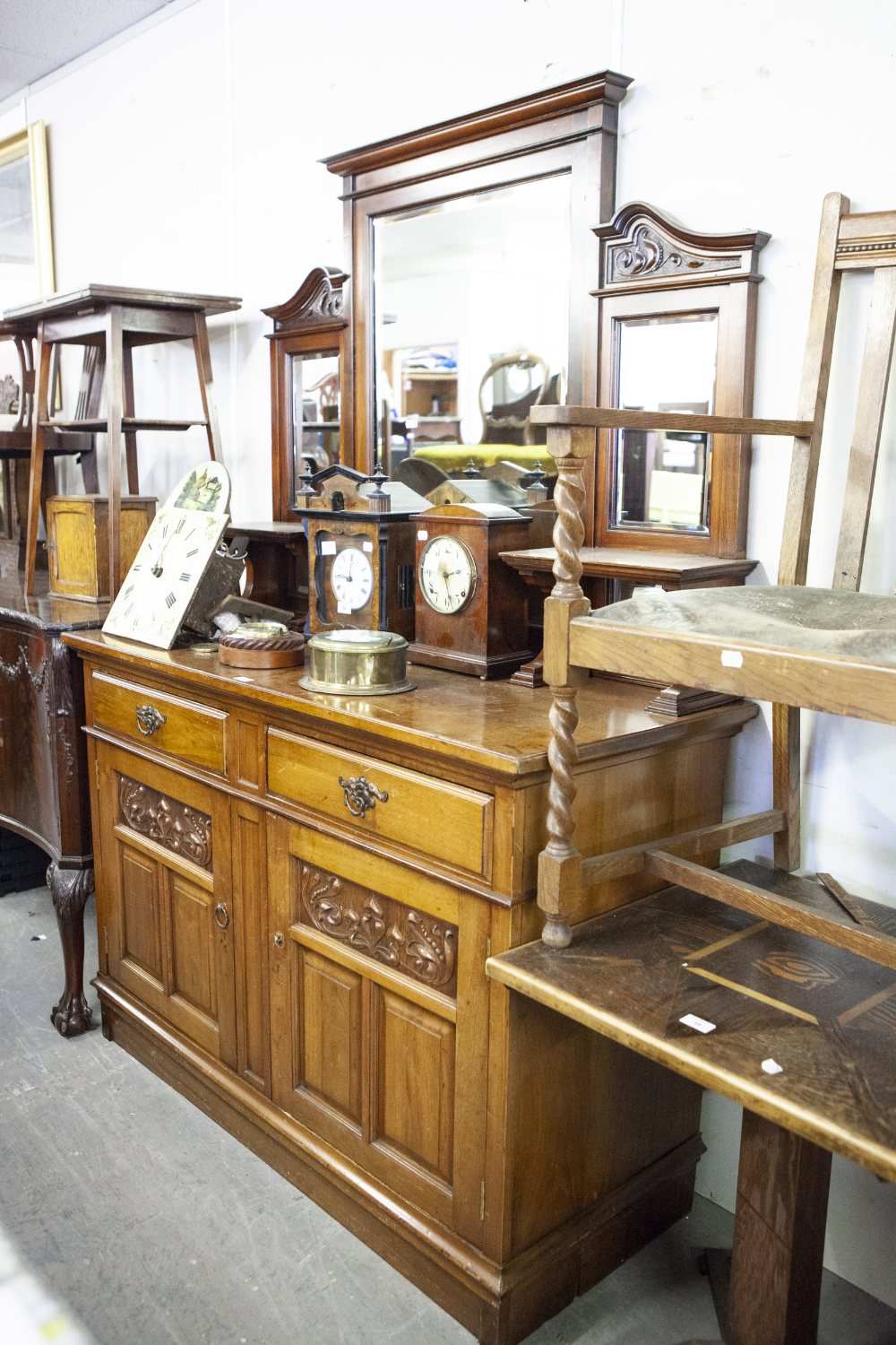 VICTORIAN CARVED WALNUTWOOD SIDEBOARD, WITH RAISED MIRROR BACK (PLUS DETACHED PEDIMENT)