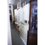 CREAM AND GILT WOOD BEDROOM FURNISHINGS, VIZ A KIDNEY SHAPED DRESSING TABLE STOOL, TALLBOY AND A