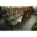 LARGE MODERN GLASS DINING TABLE ON CHROME BASE WITH 8 CHERRY WOOD TALL BACK DINING CHAIRS