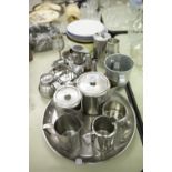 A COLLECTION OF MISC STAINLESS STEEL RETRO KITCHEN WARES, ENAMEL PLATES ETC......