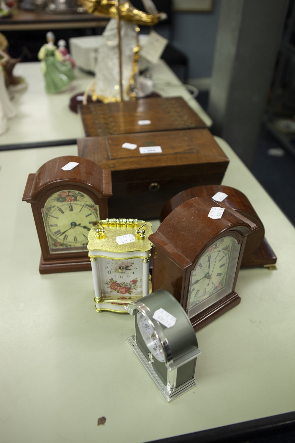 SARCOPHAGUS SHAPED WOODEN TEA CADDY, WOODEN INLAID WORK BOX, SMALL WOODEN CASED MANTEL CLOCK, AND