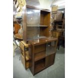 TWO MAHOGANY BOOKCASES WITH GLASS SLIDING DOORS AND AN OAK THREE TIER CAKESTAND