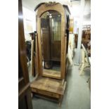 A LARGE OAK CHEVAL MIRROR WITH SINGLE DRAWER TO BASE