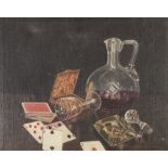 P.J. (TWENTIETH CENTURY) OIL PAINTING ON CANVAS Still life-wine glass, decanter, ashtray and playing