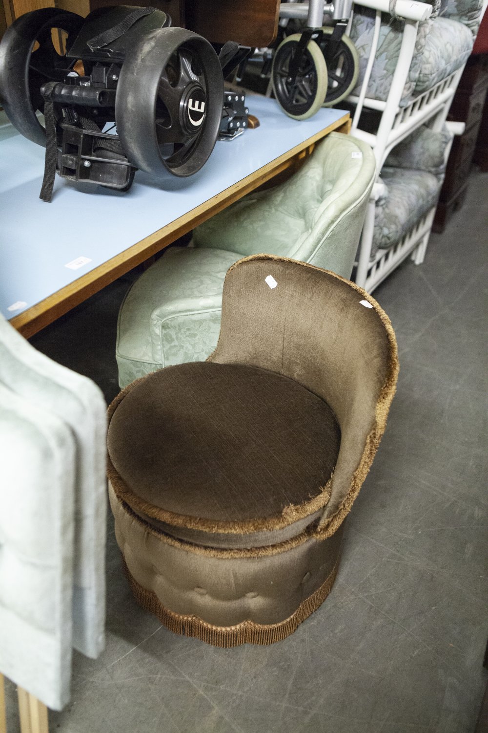 A BOUDOIR EASY CHAIR, BUTTON UPHOLSTERED IN GREEN DAMASK AND ANOTHER (2)