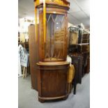 AN EARLY TWENTIETH CENTURY BEECHWOOD BOW FRONTED LOW CABINET, ALSO A REPRODUCTION YEW TREE WOOD