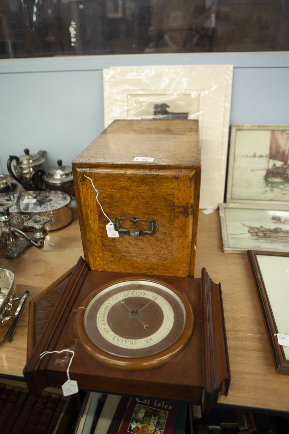 A PRE-WAR OAK CARD INDEX/FILING DRAWER, ALSO A TWENTIETH CENTURY MAHOGANY CASED ANEROID BAROMETER (