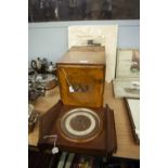 A PRE-WAR OAK CARD INDEX/FILING DRAWER, ALSO A TWENTIETH CENTURY MAHOGANY CASED ANEROID BAROMETER (