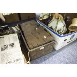 AN EARLY TWENTIETH CENTURY WOODEN BOX, CONTAINING; A R.A.C. CAR BADGE, VARIOUS TOOLS, CLAMPS, TINS