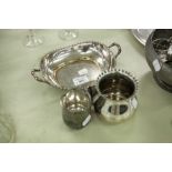 A WALKER AND HALL ELECTROPLATE TWO HANDLED DISH, AN ELECTROPLATE VASE AND A SMALL EP TANKARD (3)