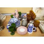 DOMESTIC POTTERY AND GLASS TO INCLUDE; COLOURED GLASS GOBLETS, BLUE AND WHITE WARES, PEWTER TEA