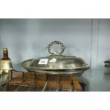 ELECTROPLATE ENTREE DISH, oval shape with cover and twist removable handle