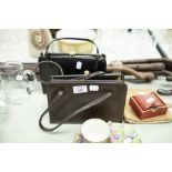 TWO LADY'S HAND BAGS, LEATHER HANDKERCHIEF CASE, CYMA AMIC SWISS MADE TRAVEL CLOCK IN LEATHER CASE