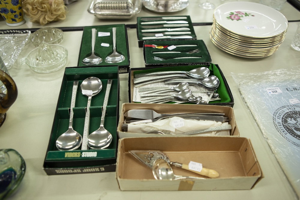 BOXED VINERS STUDIO, FISH KNIVES, FORKS, SPOONS, DESSERT, TEA KNIVES ETC.... (6 BOXES)