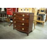 ANTIQUE MAHOGANY CHEST OF TWO SHORT AND THREE LONG DRAWERS, ON BRASS HANDLES ON SPLAY BRACKET FEET