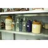 ASSORTED STONEWARE JARS AND GLASS BOTTLES VARIOUS