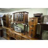 MAHOGANY SMALL BOW FRONT DISPLAY CABINET ON CABRIOLE LEGS AND A CYLINDER FOUR DRAWER CHEST