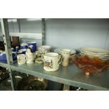 A COLLECTION OF CERAMICS TO INCLUDE; A BLUE AND WHITE TEA SERVICE, PLATES, EXHIBITION MINIATURES,