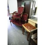 A TWENTIETH CENTURY FRENCH STYLE STAINED BEECHWOOD TWO SEATER SETTEE, AND ONE OPEN ARMCHAIR, A SMALL