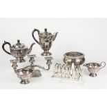 MIXED LOT OF ELECTROPLATE, to incude: FOUR PIECE PEDESTAL TEA SET, TWO TOAST RACKS, THREE LIGHT