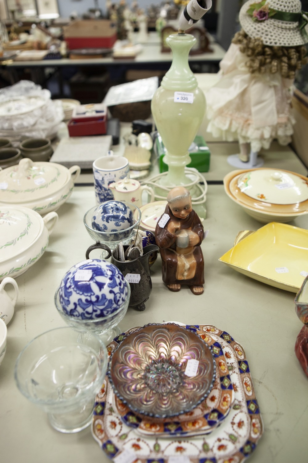 AN ALABASTER ELECTRIC TABLE LAMP, ALSO A SELECTION OF CHINA, GLASS WARE PLATED CUTLERY AND AN E.P.