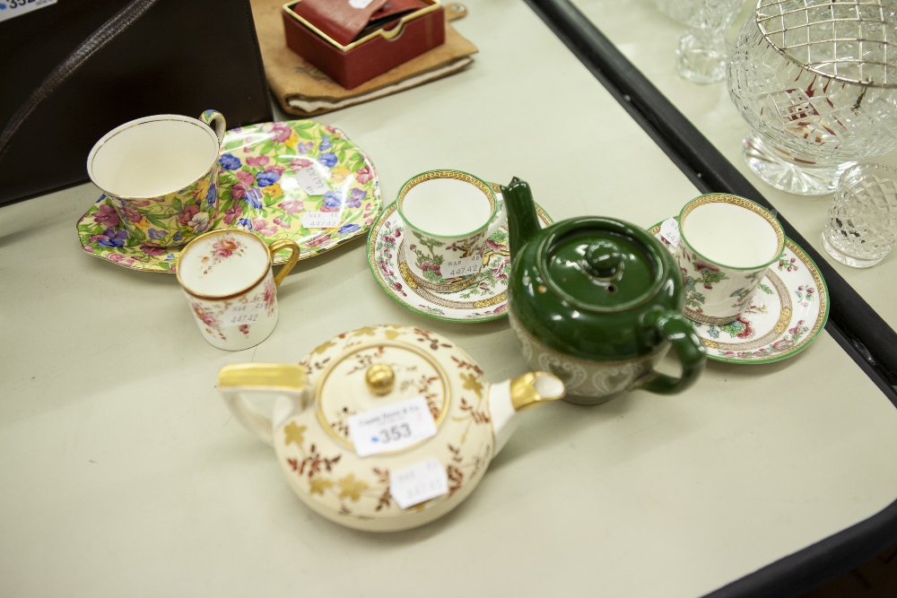 PEACOCK POTTERY, TWO INDIAN TREE PATTERN CUPS AND SAUCERS, ROYAL WINTON 'SWEET PEA' TENNIS CUP AND