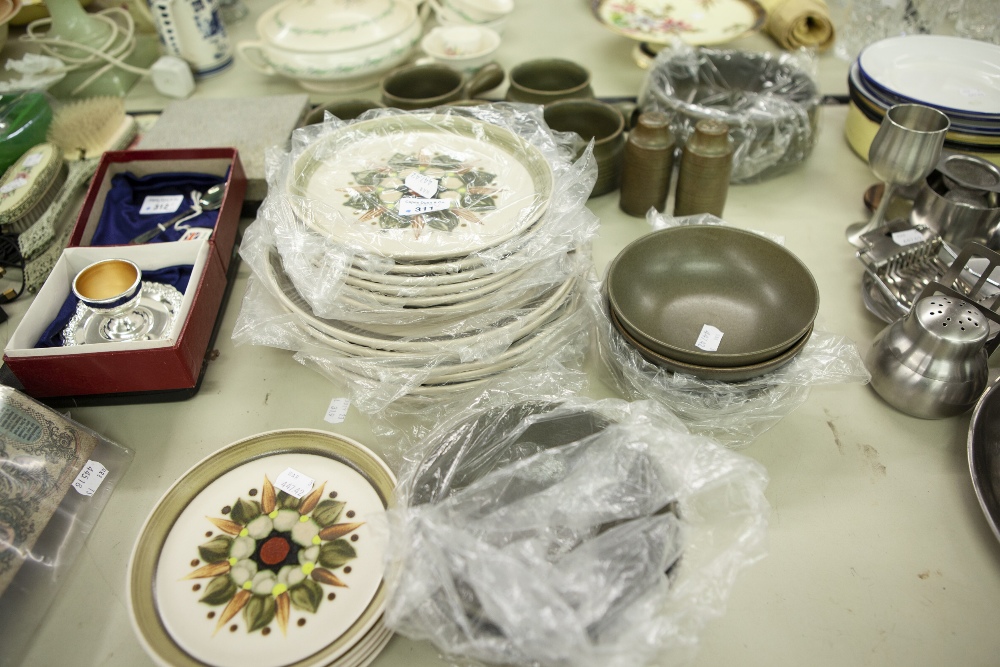 A LANGLEY DINNER SERVICE FOR SIX PERSONS AND ANOTHER IN MOSS GREEN GLAZE, A PART DINNER SERVICE