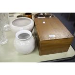 A DENBY VASE AND MATCHING JARDINIERE AND TWO WOODEN BOXES WITH END HANDLES (4)