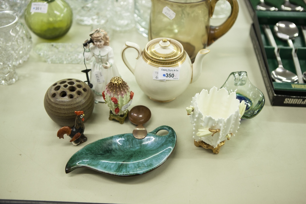 A ROYAL DOULTON FIGURINE, 'HELLO DADDY'; A BIRD FIGURAL GROUP; A TEAPOT WITH GREEK KEY DECORATION, A