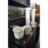 A PAIR OF WHITE POTTERY JARDINIERE ON PEDESTALS AND VARIOUS POTTERY JARDINIERE