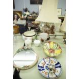 A GROUP OF CERAMIC ITEMS TO INCLUDE; BURSLEM BOWL, ORIENTAL SHAPED PLATE, BOWL, TABLE MIRROR,