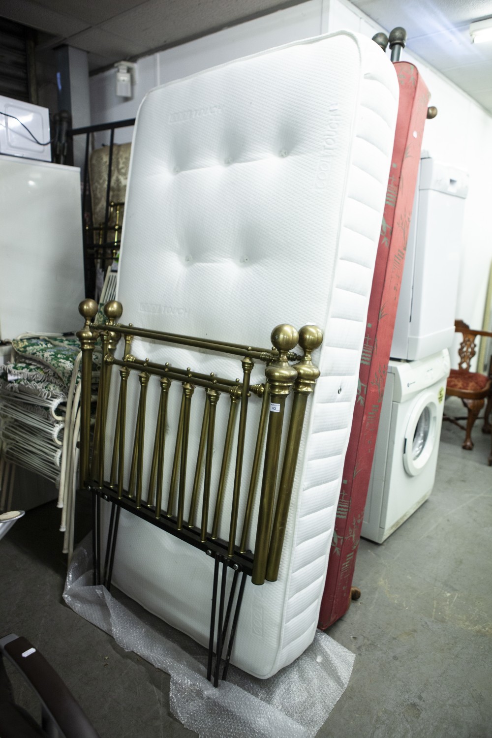 PAIR OF SINGLE BRASS HEADBOARD, BED BASE WITH MATTRESS